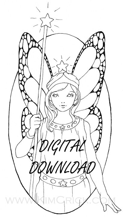 Digital File - Star Fairy Girl Magical Line Drawing Digi Stamp Printable Clip Art Download