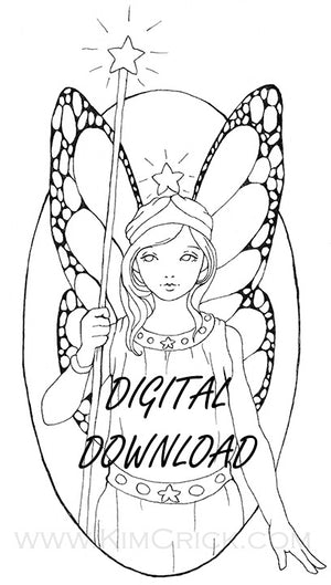 Digital File - Star Fairy Girl Magical Line Drawing Digi Stamp Printable Clip Art Download