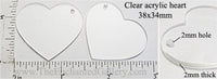 Laser Cut Acrylic Clear 38mm x 34mm Heart Charm with Hole 4 Pack