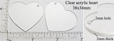Laser Cut Acrylic Clear 38mm x 34mm Heart Charm with Hole 2 Pack