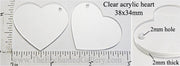 Laser Cut Acrylic Clear 38mm x 34mm Heart Charm with Hole 4 Pack