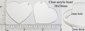 Laser Cut Acrylic Clear 38mm x 34mm Heart Charm with Hole 2 Pack