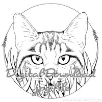  Digital File - Cat in Grass Kitty Art Ink Line Drawing Digi Stamp Printable Coloring Book Page Download 