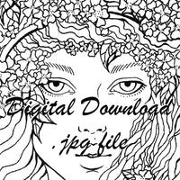  Digital File - Wildflower Woman Portrait Pen Ink Line Art Printable Coloring Page Drawing Instant Download 