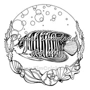 Digital File - Angelfish Seashells Ocean Fish Drawing Printable Ink Line Art Coloring Practice Instant Download