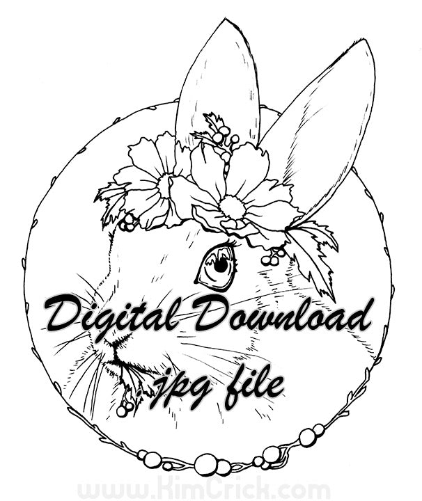  Digital File - Spring Bunny Rabbit Flower Crown Line Art Drawing Printable Coloring Book Page Download 