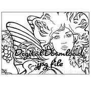  Digital File - Autumn Fairy Art Nouveau Portrait Ink Line Drawing Digi-Stamp Adult Coloring Book Page Download 