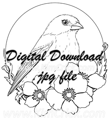  Digital File - Lazuli Bunting Female Song Bird Floral Circle Line Art Drawing Traceable Watercolor Painting Practice Printable Download 
