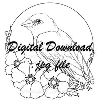 Digital File - Lazuli Bunting Bird Floral Line Drawing Traceable Art Artists Printable Coloring Book Download
