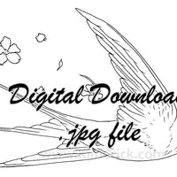  Digital File - Barn Swallow Bird Flying Flowers Line Art Traceable Drawing Printable Download 