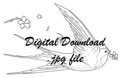  Digital File - Barn Swallow Bird Flying Flowers Line Art Traceable Drawing Printable Download 