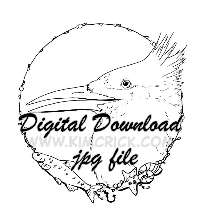 Digital File - Greater Crested Tern Shore Bird Minnow Ink Drawing Coloring Book Printable Line Art
