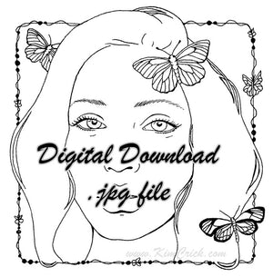  Digital File - Butterfly Woman Portrait Drawing Coloring Book Printable Line Art Download 