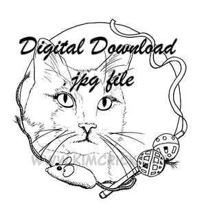 Digital File - Calico Cat Toys Ink Drawing Coloring Book Style Printable Nursery Animal Pet Line Art