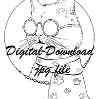 Digital File - Stylish Cat Sunglasses Scarf Line Art Ink Drawing Printable Coloring Page Download