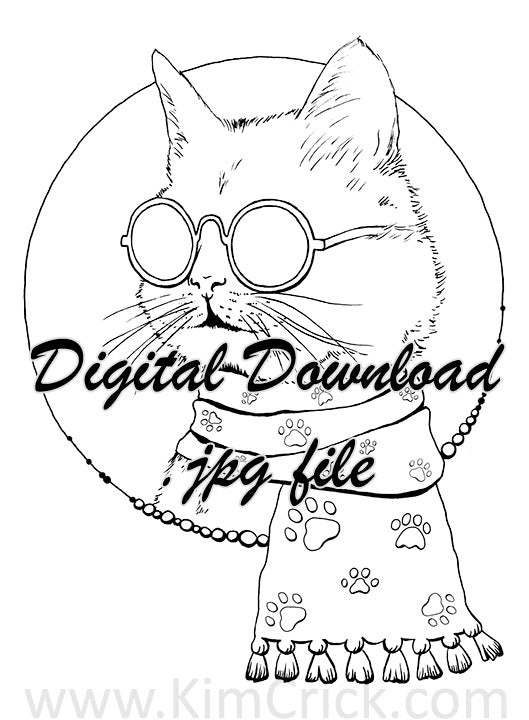 Digital File - Stylish Cat Sunglasses Scarf Line Art Ink Drawing Printable Coloring Page Download