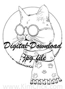 Digital File - Stylish Cat Sunglasses Scarf Line Art Ink Drawing Printable Coloring Page Download