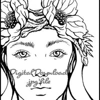 Digital File - Ink Drawing Art Nouveau Lady Portrait Woman Artwork Adult Coloring Printable Download