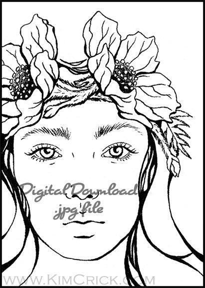 Digital File - Ink Drawing Art Nouveau Lady Portrait Woman Artwork Adult Coloring Printable Download