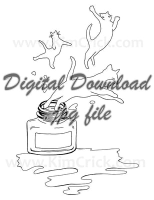  Digital File - Fountain Pen Ink Bottle Swatch Card Printable Cat Puddle Line Art Drawing Download 