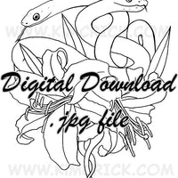 Digital File - Lilies Salmon Star Lily Flower Rough Green Snake Coloring Book Line Art Drawing Download