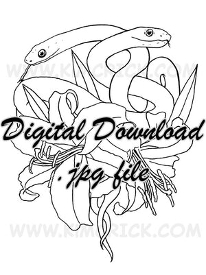 Digital File - Lilies Salmon Star Lily Flower Rough Green Snake Coloring Book Line Art Drawing Download