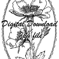  Digital File - Wild Rose Floral Lace Oval Art Drawing Printable Coloring Book Outline Instant Download 