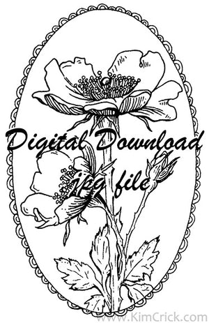  Digital File - Wild Rose Floral Lace Oval Art Drawing Printable Coloring Book Outline Instant Download 