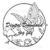  Digital File - Butterfly Floral Circle Pen Ink Line Art Drawing Printable Coloring Book Page Download 