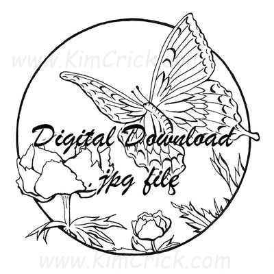  Digital File - Butterfly Floral Circle Pen Ink Line Art Drawing Printable Coloring Book Page Download 