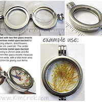 Silvertone Metal Locket Pendant With Thin Glass Inserts Holds Photo Keepsakes Dried Flowers Etc.
