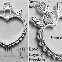 Open Back Heart with Crown and Wings Pendant 29mm x 30mm x 3mm Love Loyalty Freedom Silvertone