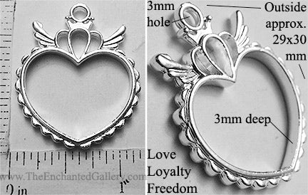 Open Back Heart with Crown and Wings Pendant 29mm x 30mm x 3mm Love Loyalty Freedom Silvertone