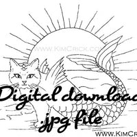  Digital File - Mercat Mermaid Cat Purrmaid Ink Black and White Line Art Drawing Coloring Book Practice Printable 