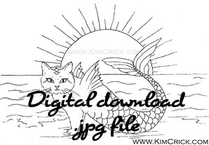  Digital File - Mercat Mermaid Cat Purrmaid Ink Black and White Line Art Drawing Coloring Book Practice Printable 