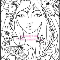Adult coloring book clip art fairy nature flower butterfly moth poppy girl woman art nouveau