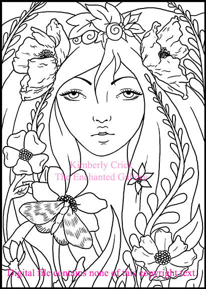 Adult coloring book clip art fairy nature flower butterfly moth poppy girl woman art nouveau