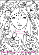 Adult coloring book clip art fairy nature flower butterfly moth poppy girl woman art nouveau