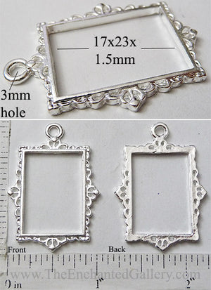 Open Back Rectangle Frame 17mm x 23mm x 1.5mm Thin Ornate Picture Silvertone