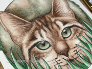 Original Art - Watercolor Painting Cat in Grass Using Schmincke Tundra Green (5x7 Not a Print)