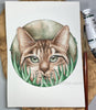 Original Art - Watercolor Painting Cat in Grass Using Schmincke Tundra Green (5x7 Not a Print)