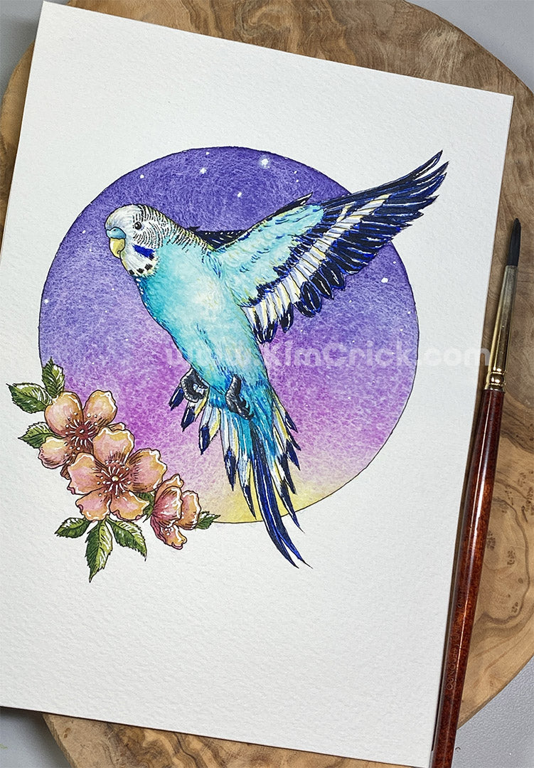 Original Art - Watercolor Painting Teal Parakeet Budgie Bird Featuring Winsor & Newton Granulating Pigments (5x7 Not a Print)