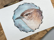 Original Art - Watercolor Painting Wren Bird Featuring Schmincke Super Granulating Colors Glacier Green (4x6 Not a Print)