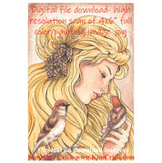 Digi-stamp Adult coloring book clip art bird sparrow Rapunzel watercolor painting Daniel Smith color