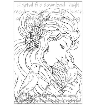 Adult coloring book clip art bird sparrow Rapunzel line art black and white and watercolor painting