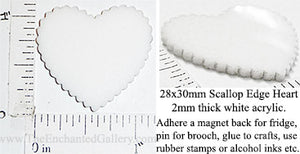 Laser Cut Acrylic White 28mm x 30mm Heart Scallop Edge 5 Pack