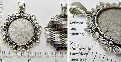 25mm Circle Pendant Tray Daisy Ring Half Flower Head Border Antiqued Silver (Select Optional Insert)