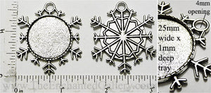 25mm Circle Pendant Tray Snowflake Shape Solid Tray Antiqued Silver (Select Optional Insert)