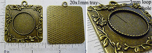 20mm Circle Pendant Tray Squared Floral Border Plate Bronze (Select Amount or Optional Insert)