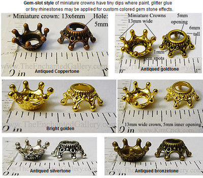 Miniature Doll Crown Metal Gem Slot Style Bead Caps 13x6mm (Select a Color)